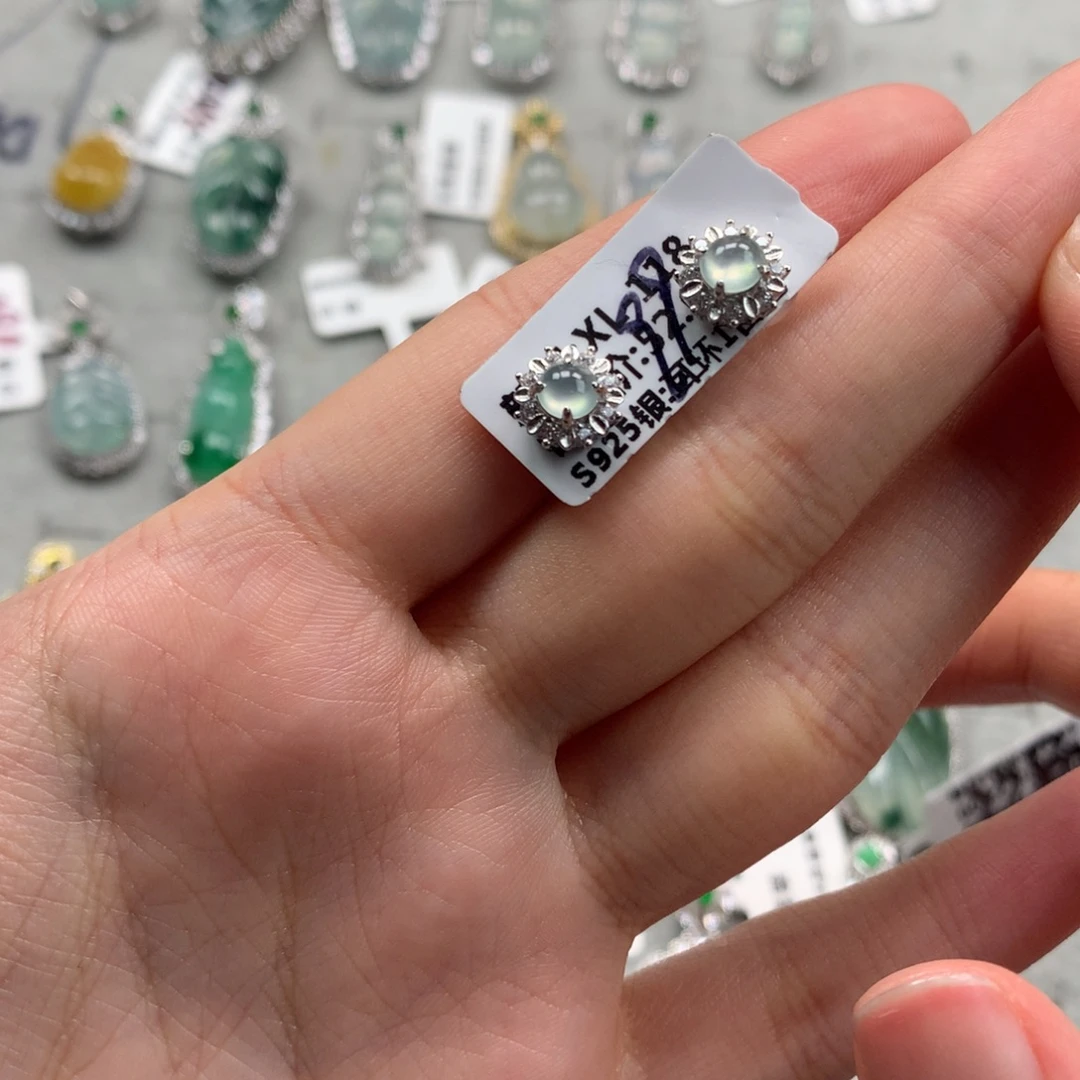 翡翠银S925镶嵌戒指耳钉