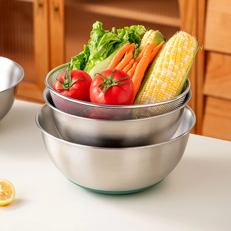 【底部硅胶防滑】304不锈钢盆家用洗菜沥水篮厨房烘焙打蛋和面大盆