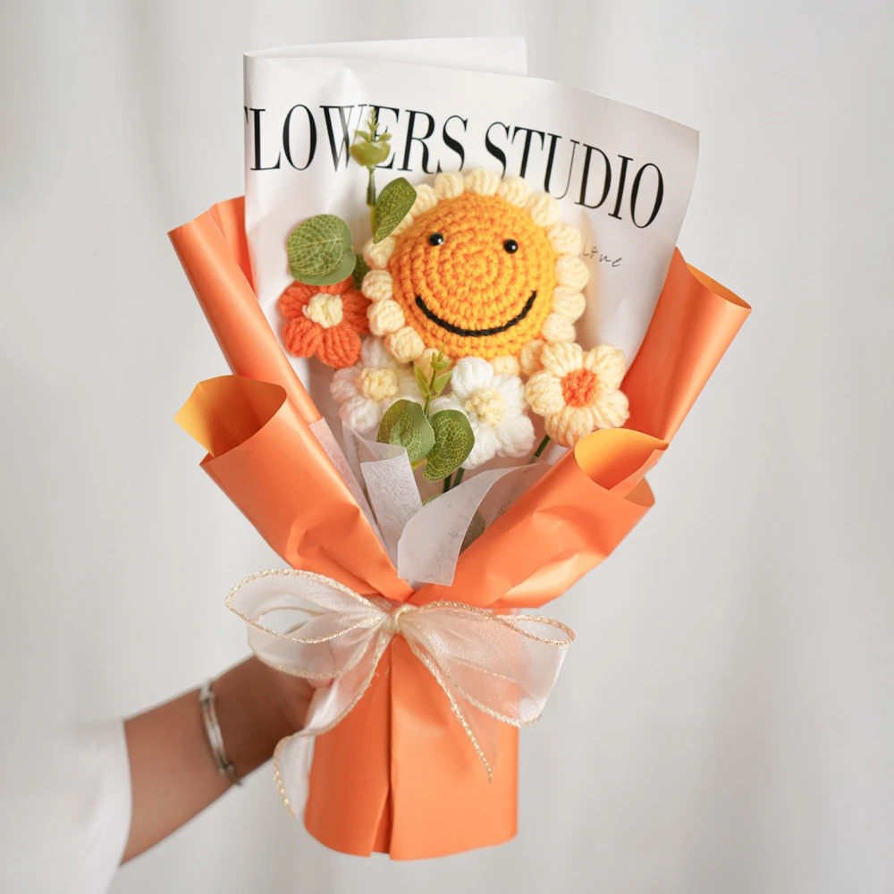 成品钩织针织笑脸向日葵毛线花花束编织生日闺蜜毕业季教师节礼物