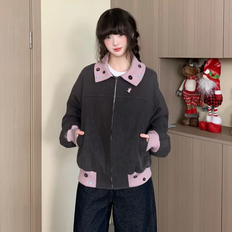 韩系复古翻领纽扣棒球服外套女2025秋季学生撞色小个子工装夹克潮