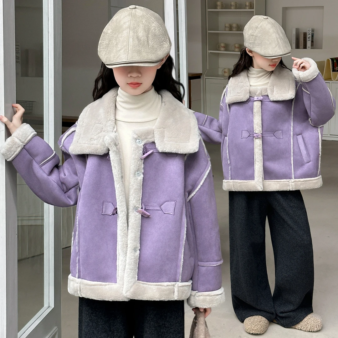 女童加绒外套秋冬2025新款儿童冬季洋气加厚翻领冬装皮毛一体上衣