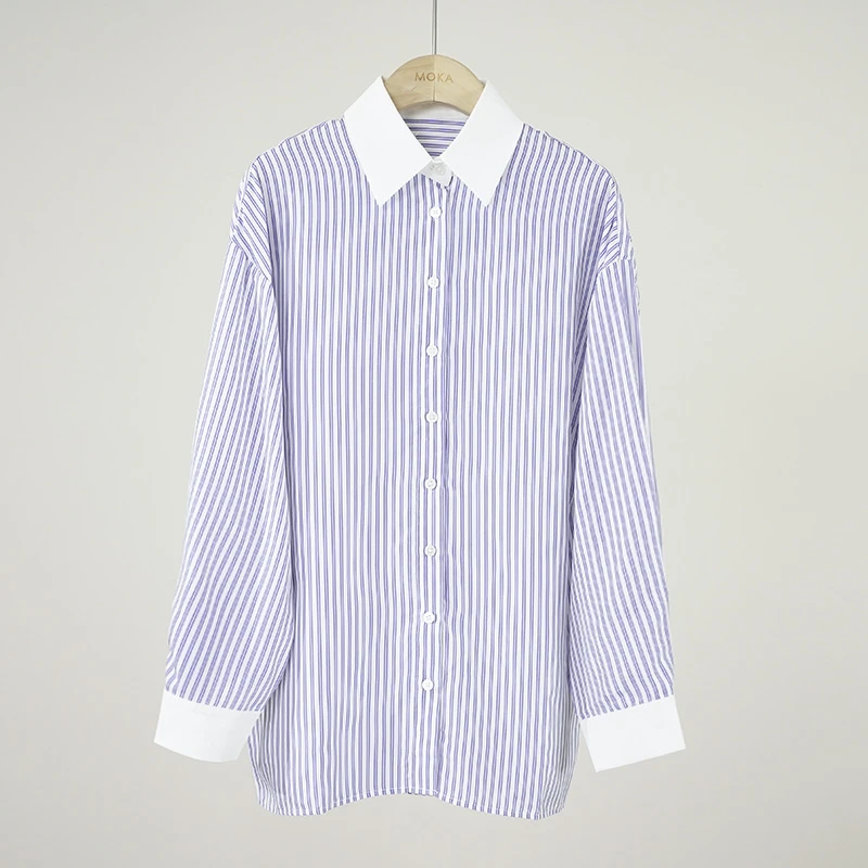 法单经典条纹100%桑蚕丝优雅浪漫落肩女士衬衫（250178）20909