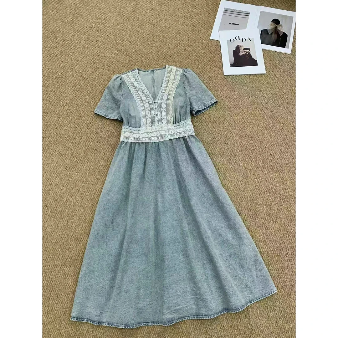 KIKI严选：9025-66家欧货南油夏季V领收腰高级感牛仔连衣裙