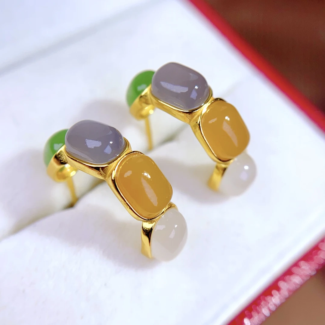 天然和田玉多宝碧玉烟紫糖玉白玉925银耳环防过敏耳针耳饰女@0315