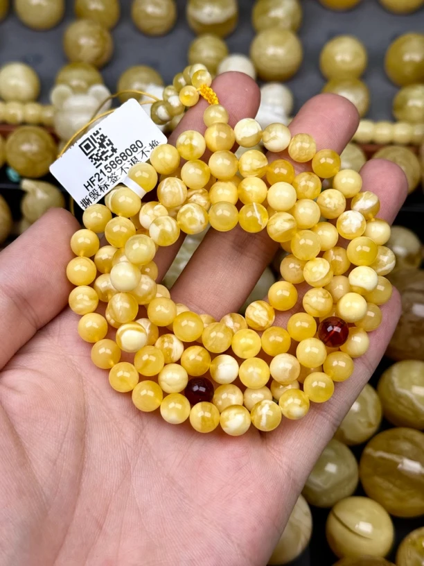 7.7mm俄料国矿一级料浓瓷白妖孽虎皮纹千层雪橘底金溶洞蜜蜡圆珠