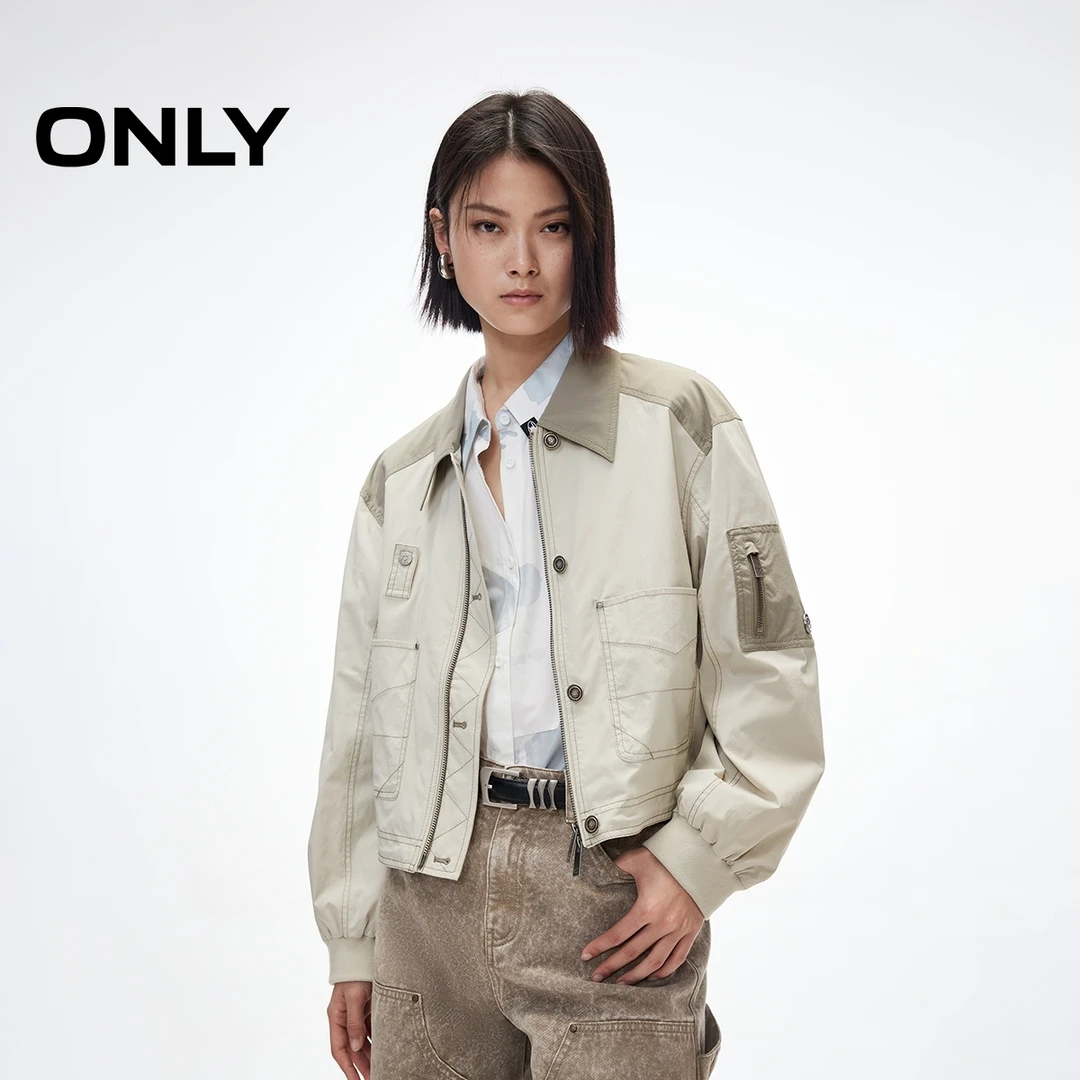 ONLY秋季潮酷微落肩拼接短款夹克外套女老钱风松弛感|125136046