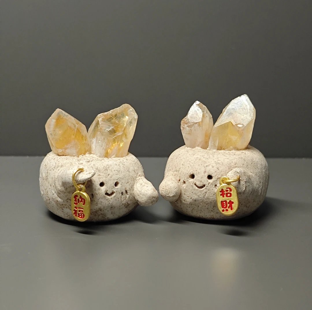 天然水晶原石手工豆丁摆件 超萌小豆丁水晶摆件 桌面摆件礼品盲盒