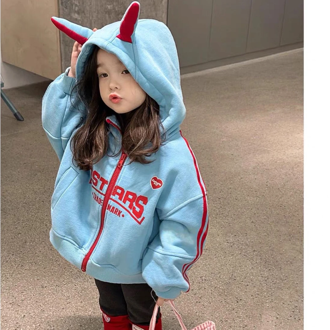 韩国童装女童连帽外套秋冬装2025新款儿童加绒卫衣宝宝休闲棒球服