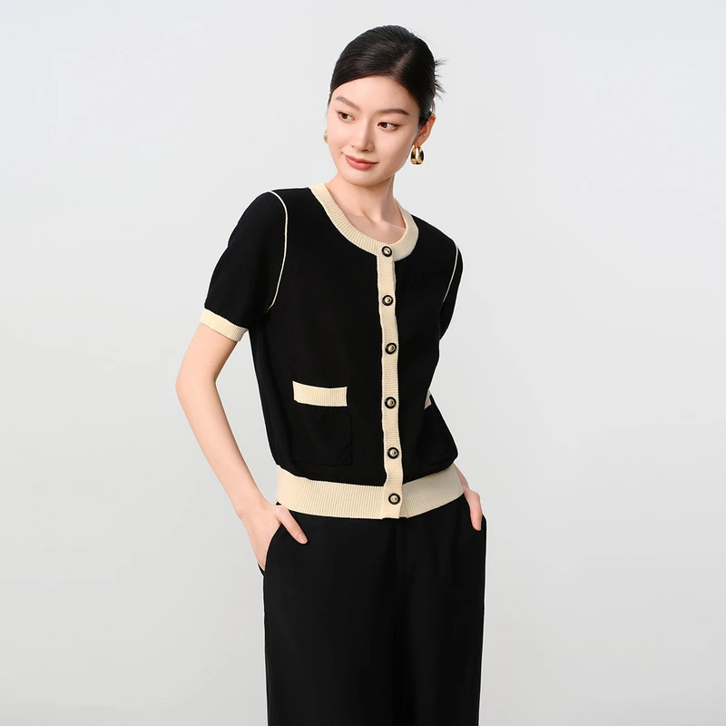 敦奴dunnu黑色针织衫FU270935百搭上衣短款气质秋季小香风毛衣