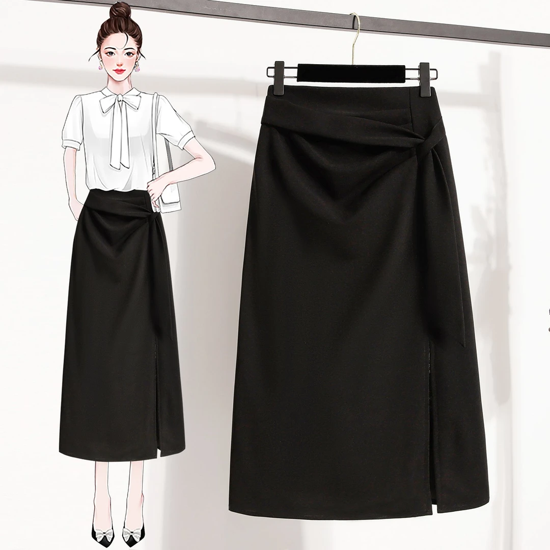 夏季新款大码高腰显瘦遮肚中长半身裙女胖mm不规则时尚开叉A字裙