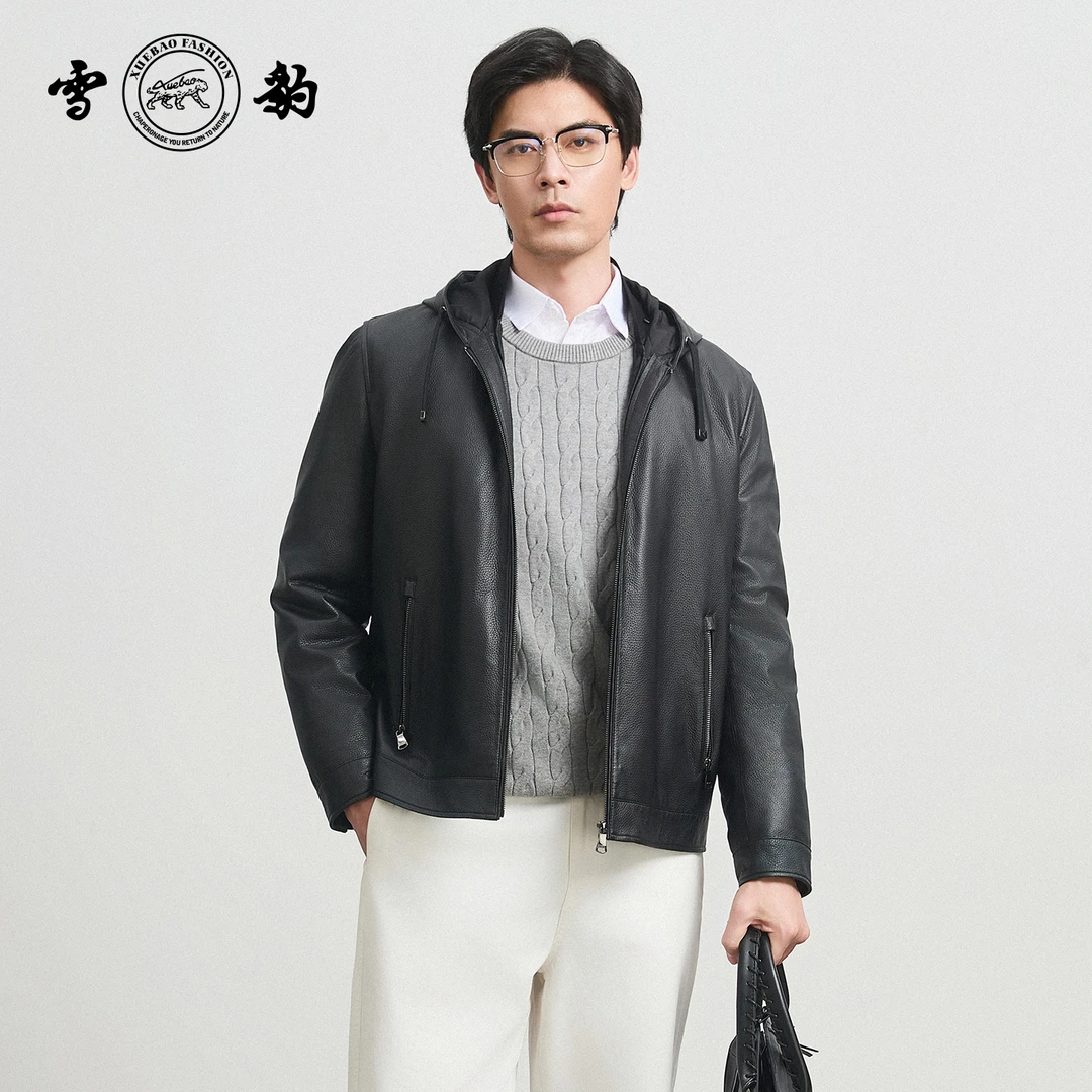 【专柜】雪豹2025新款85593头层鹿皮连帽真皮皮衣休闲男士皮夹克