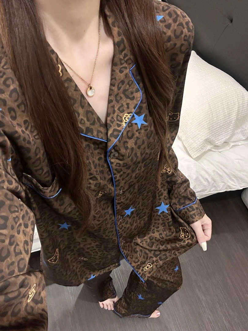 韩系性感豹纹Kitty冰丝睡衣女秋季爆款长袖长裤可外穿家居服套装