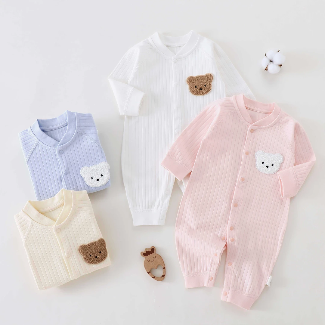 婴儿纯色系连体衣A类纯棉无骨长袖春秋新生儿宝宝家居服爬服哈衣