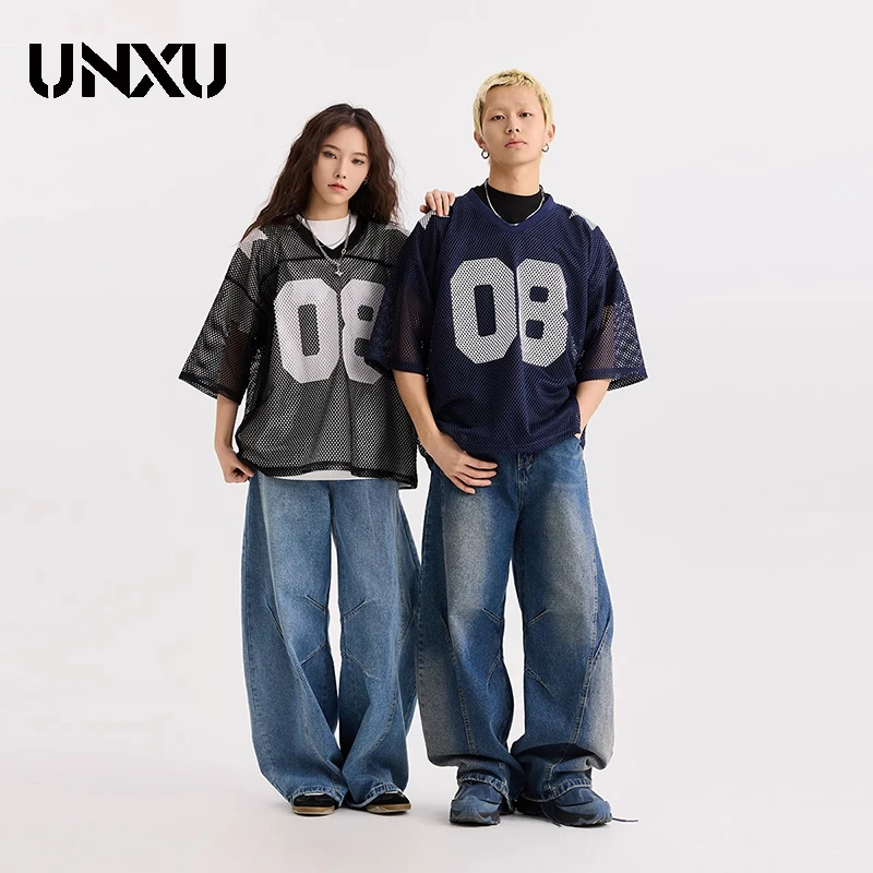 UNXU潮流镂空网眼宽松短袖t恤女夏季美式嘻哈街头百搭情侣款上衣