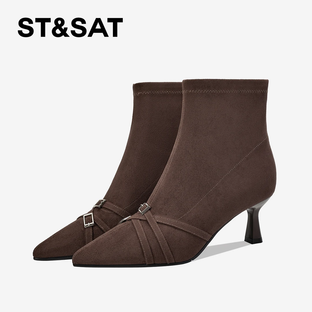 St&Sat/星期六气质时尚尖头细跟短靴秋冬时装靴优雅金属扣女鞋