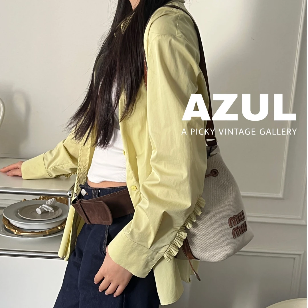 95新 MIU MIU/缪缪 Azul-帆布拼皮水桶单肩斜挎包38683