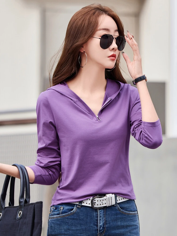 95棉连帽长袖韩版春季新款宽松内搭上衣打底衫女春秋纯色t恤外穿