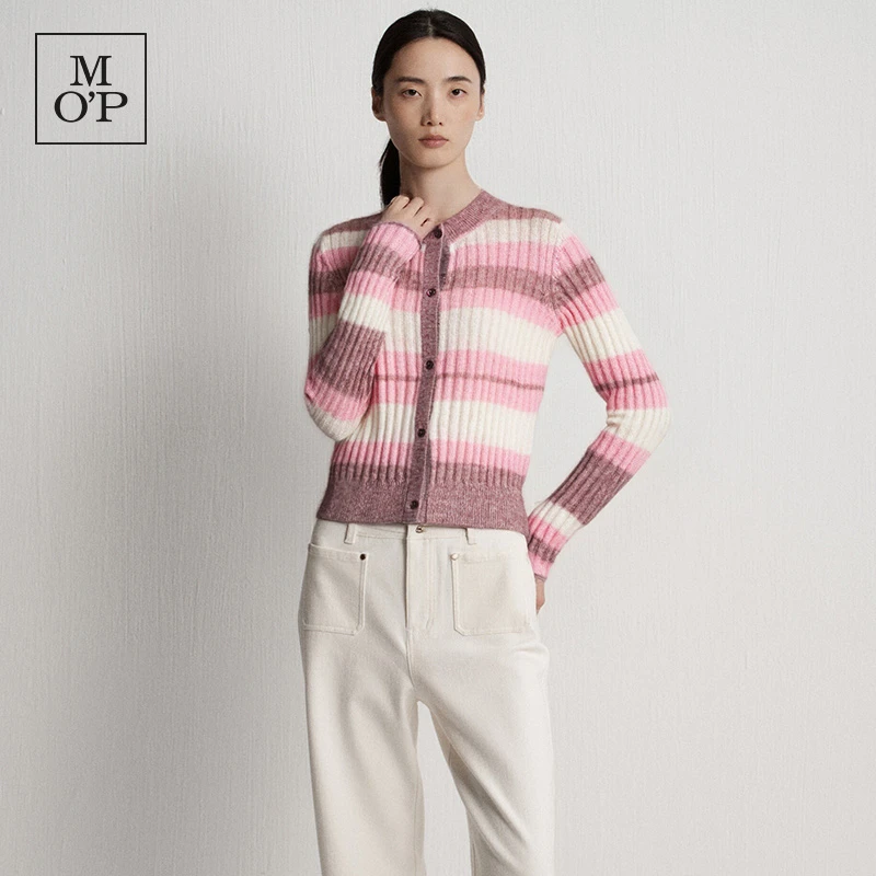 Marc O'Polo/MOP2025冬季新款羊毛渐变色条纹短款圆领毛织开衫女