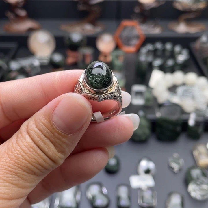 快***斌银S925镶嵌戒指水晶绿幽灵戒指定制