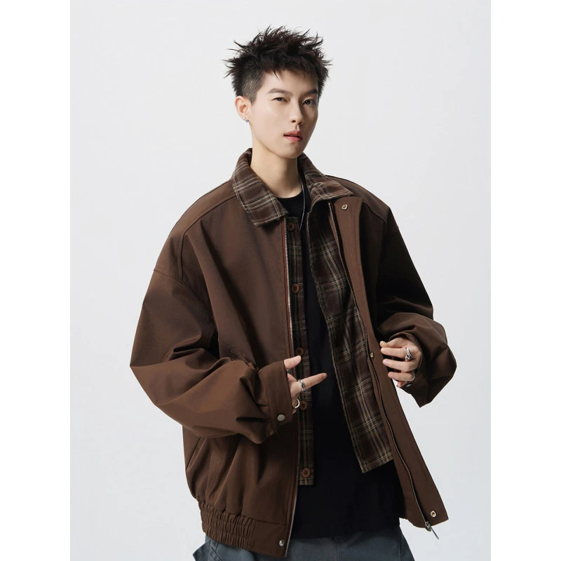 美拉德复古棕色假两件拉链夹克男外套个性帅气格子拼接上衣高品质