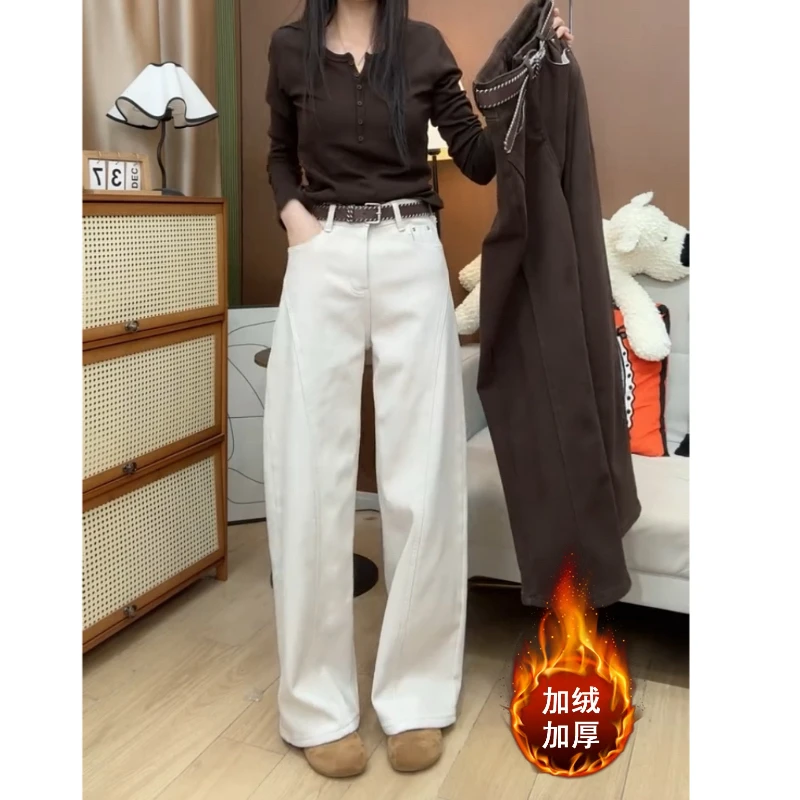 Aimeerosa/艾洛莎冬季加绒窄版直筒显瘦牛仔裤时尚简约百搭弯刀裤