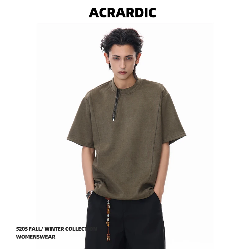 ACRARDIC潮牌美式斜拉链麂皮绒短袖T恤百搭复古休闲简约上衣2025