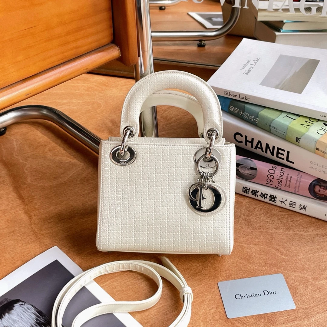 99新 DIOR/迪奥 戴妃三格白色手提斜挎包BJM11-0418