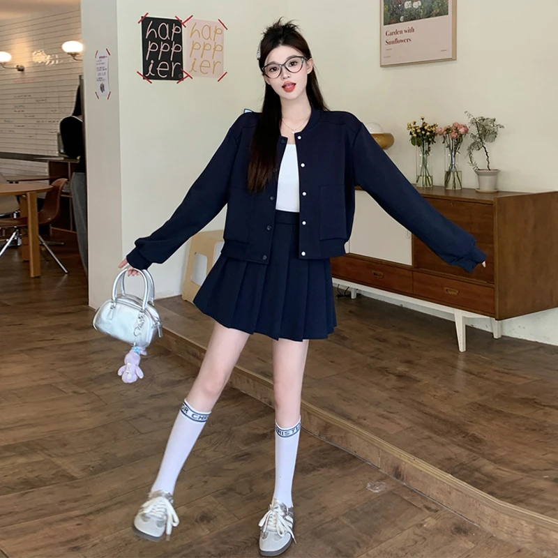 韩系运动休闲卫衣套装女装微胖mm显瘦藏肉外套百褶半身裙W0444T