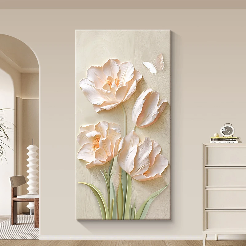奶油风粉色花卉玄关装饰画大芬村油画走廊过道竖版客厅背景墙挂画