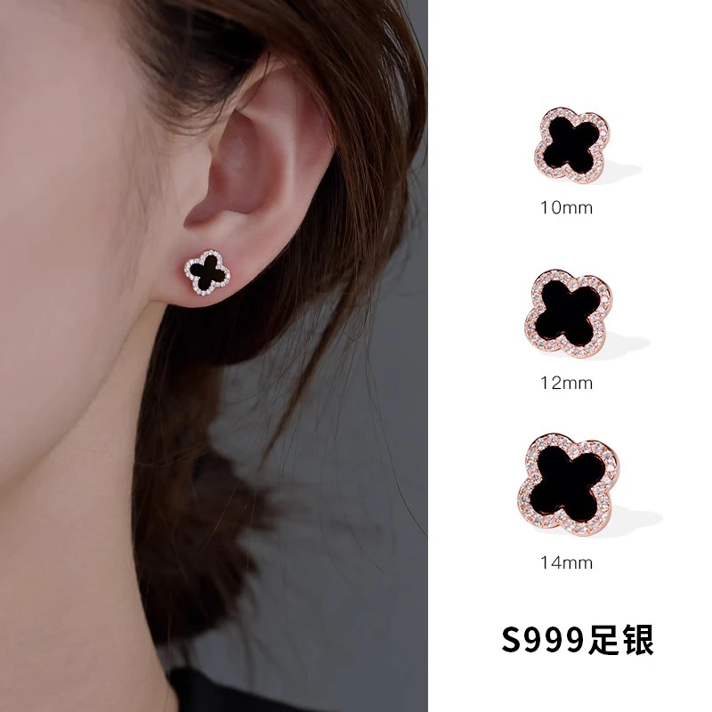 足银耳饰 999纯银闪钻四叶草耳钉女2025新款高级感耳饰饰品ins
