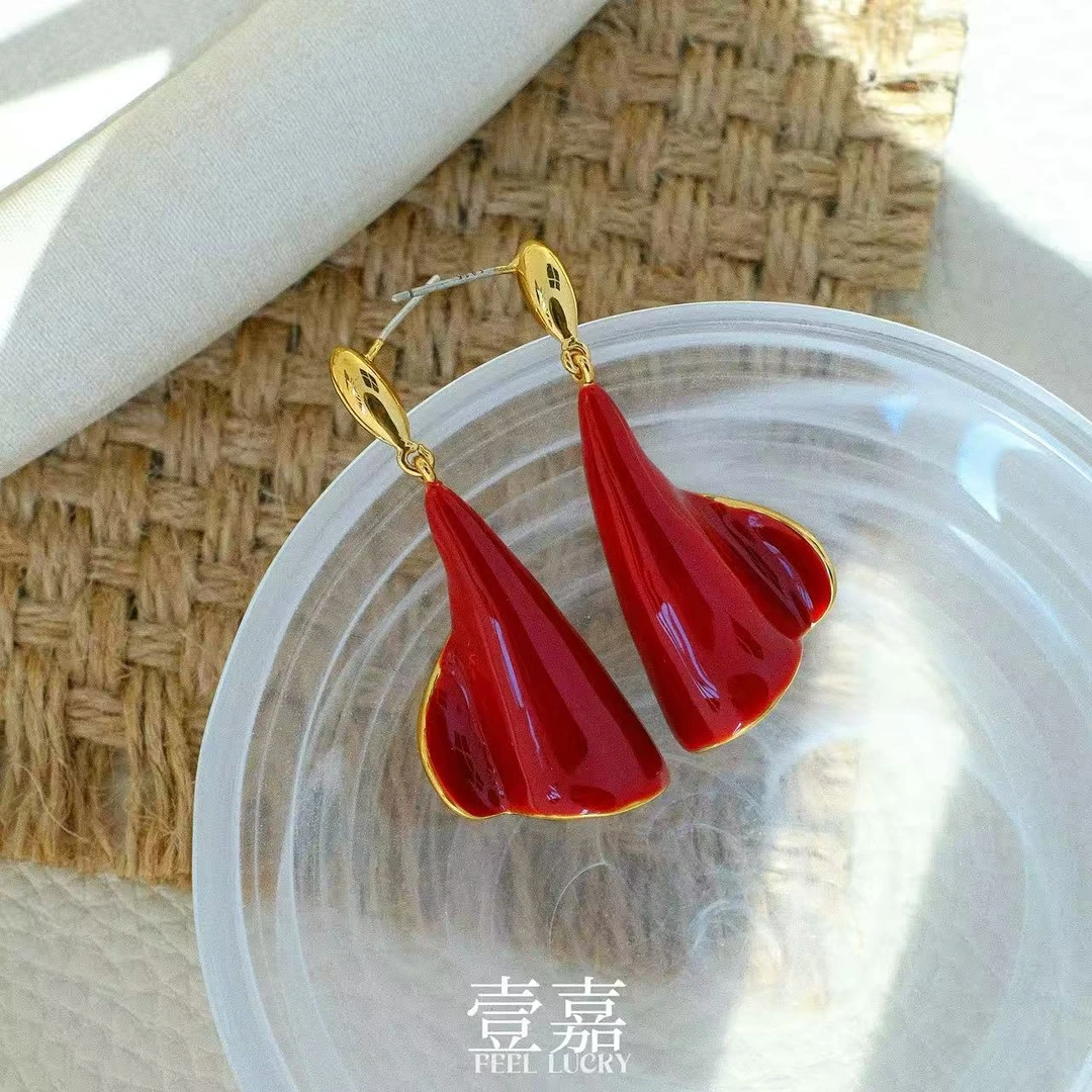 黄铜珐琅耳饰 壹嘉黄铜耳饰 法式复古设计裙摆时尚百搭耳钉YJ176