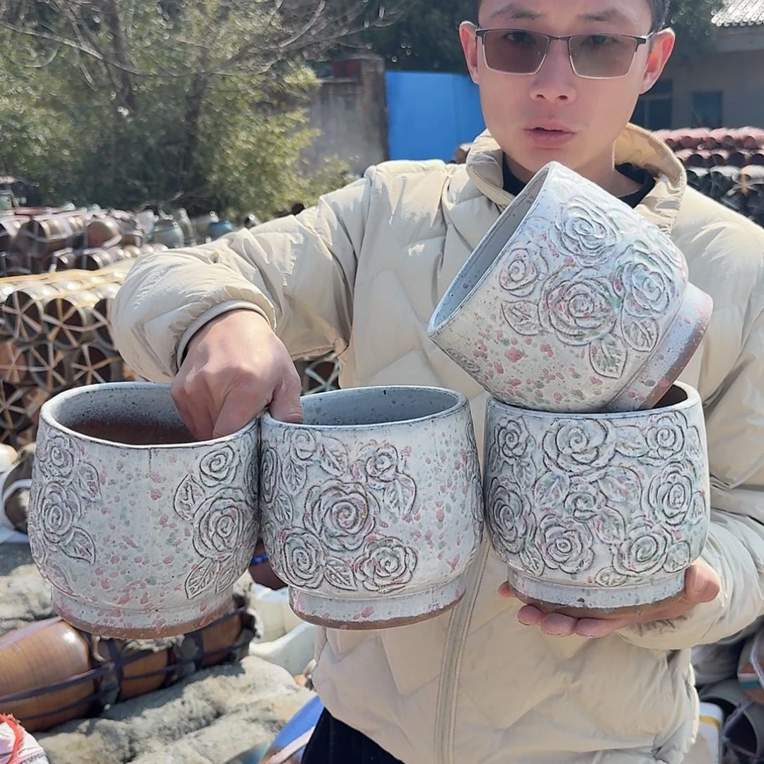 紫砂花盆口15高15（四个玫瑰花武彩色