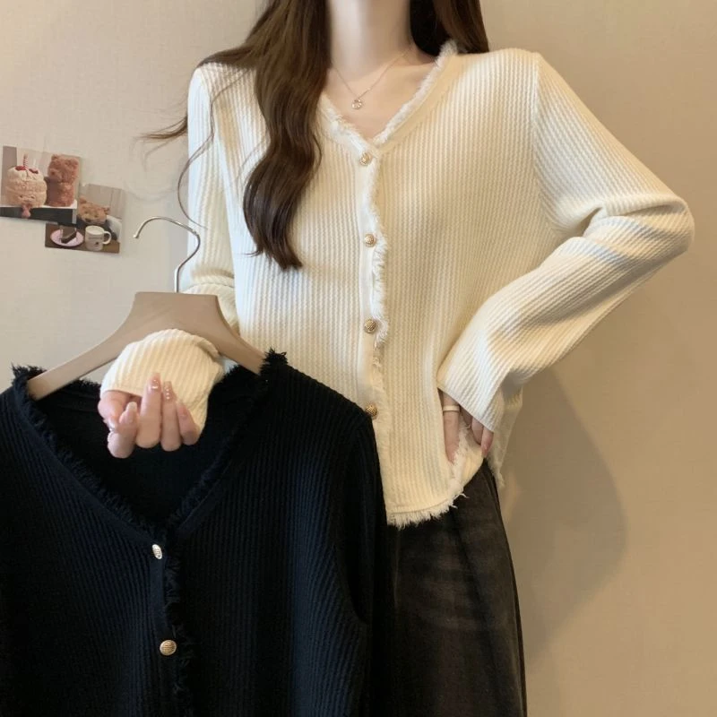 2025秋季新款大码胖MM流苏边小香风针织长袖开衫毛衣小众百搭外穿