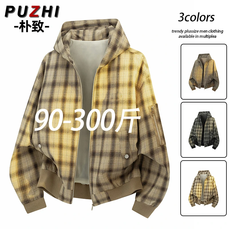 撞色百搭格子衫外套秋季新款大码男士加肥连帽夹克青年潮流上衣