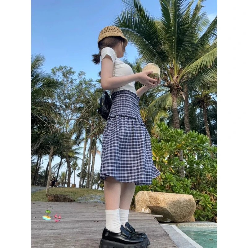 三穿复古格子半身裙2025新款韩系超好看夏日度假风小个子花苞裙