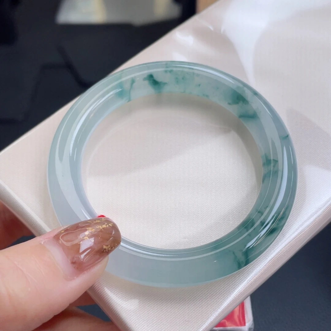 未镶嵌手镯翡翠50.5圆条冰飘雅致蓝花清澈透亮 花不压水10