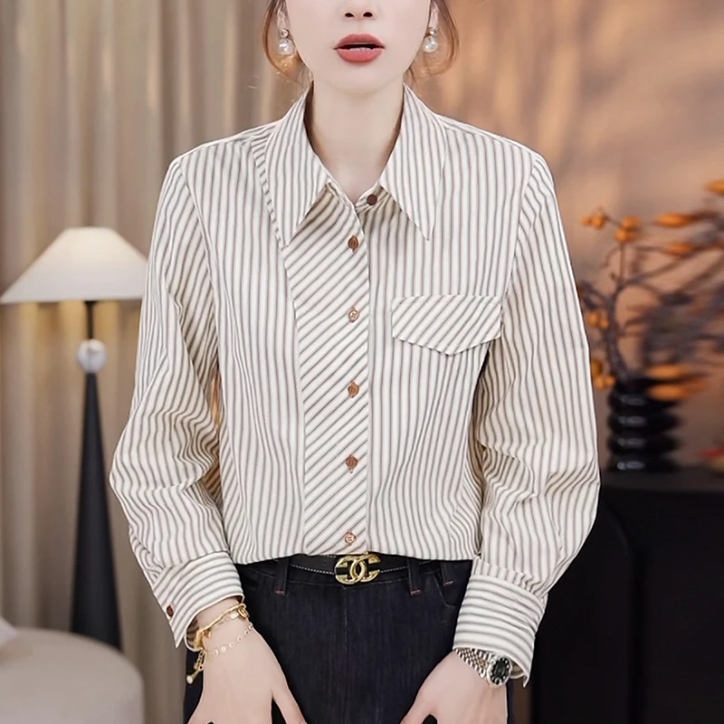 2025秋季新款女法式条纹衬衫洋气减龄显高级叠穿内搭打底衫上衣