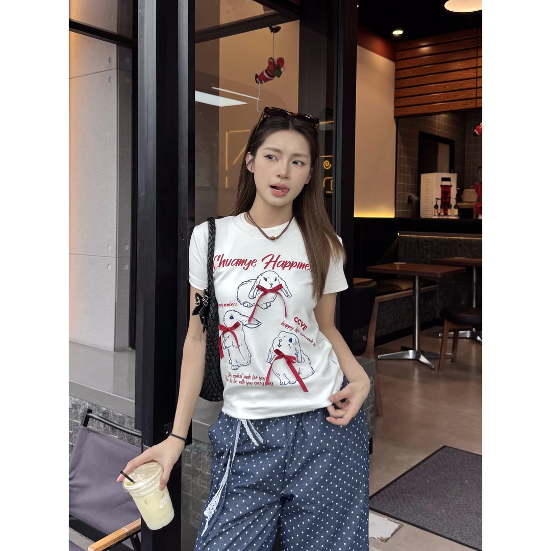 XFX原创美式复古宽松正肩蝴蝶结短袖T恤女夏季街头休闲显瘦上衣潮