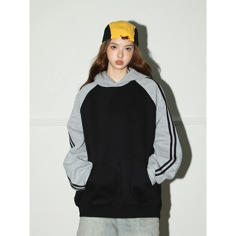 MTVO加绒美式连帽条纹撞色卫衣男女款秋冬宽松休闲长袖上衣8001