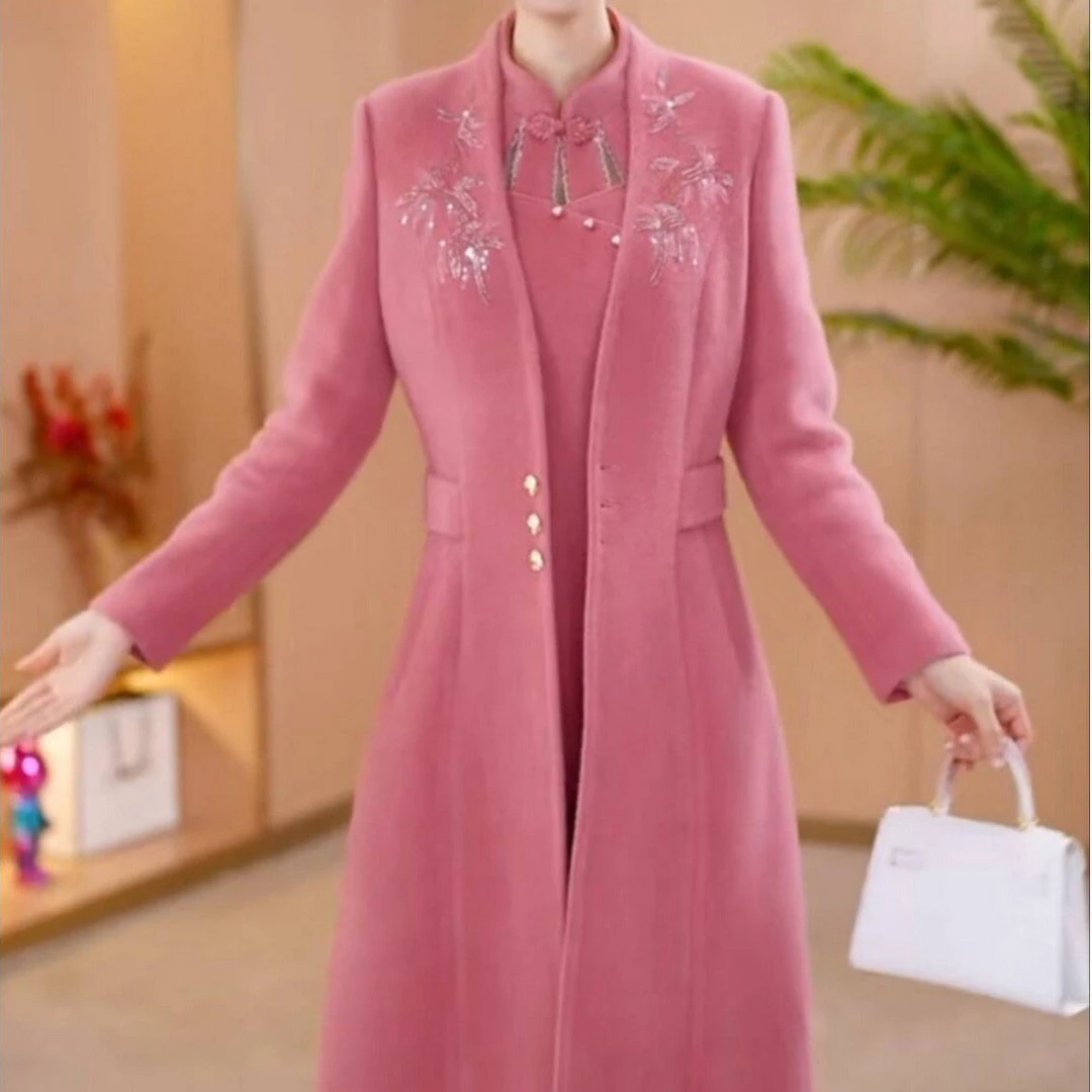 高档磨毛软精纺两件套改良旗袍礼服裙2025秋冬新款气质减龄套装裙