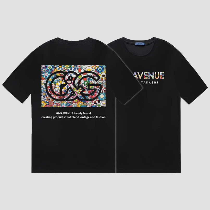 古梵沃2025痞帅T恤宽松潮牌时尚太阳花短袖男女纯棉休闲夏季印花