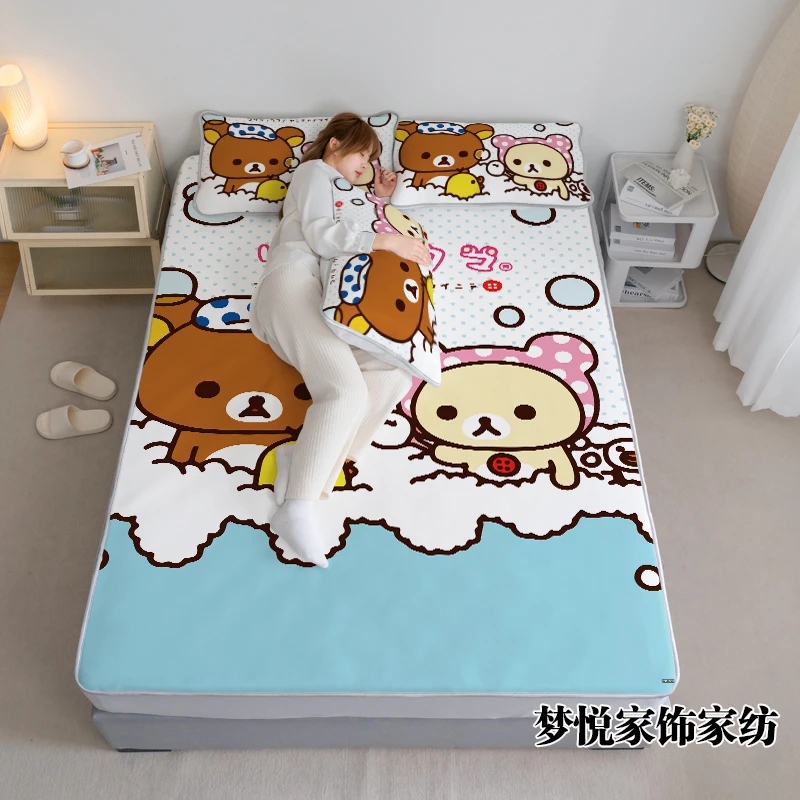 夏季轻松熊双人凉席三件套宿舍上下铺松弛熊软席子折叠机洗冰丝席