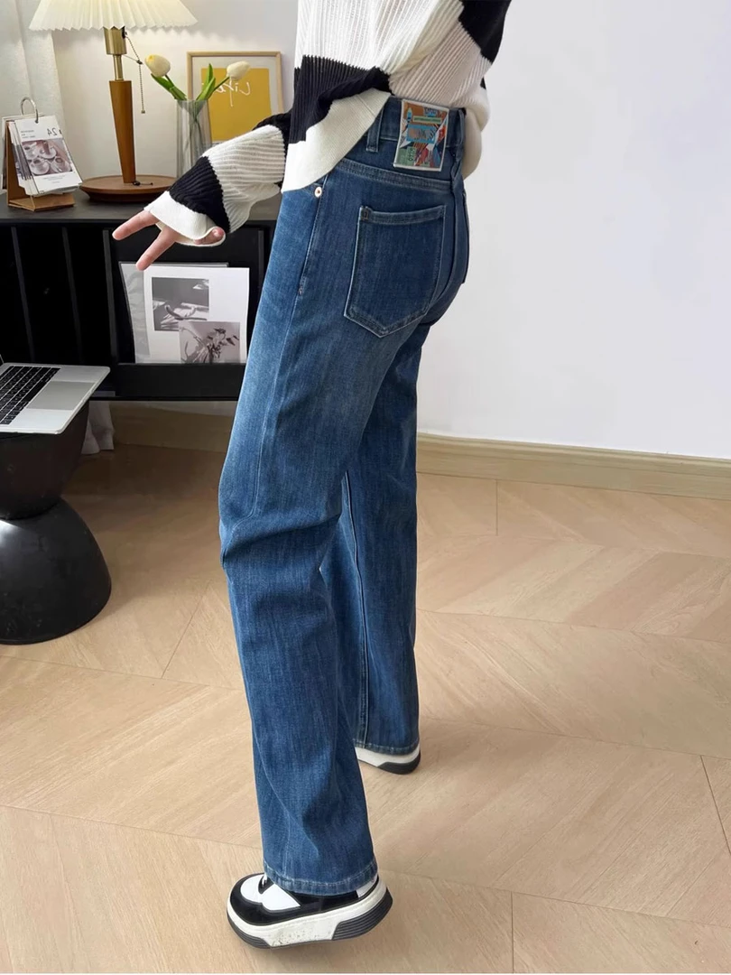 四面弹直筒牛仔裤显瘦大码女装法棍窄版阔腿高腰长裤子春秋季加绒