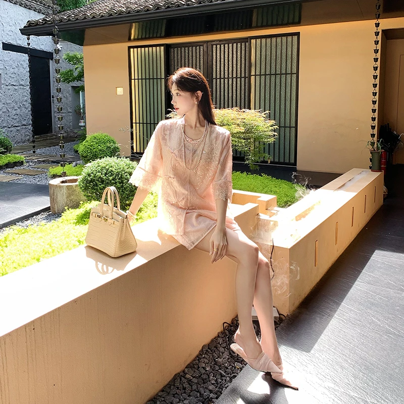 果果家 新中式中国风2025女装夏季提花复古禅意刺绣薄款上衣短裤