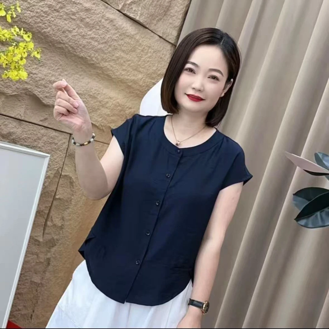 子无忧圆领薄款小飞袖夏季上衣时尚衬衫显瘦纯色洋气纽扣