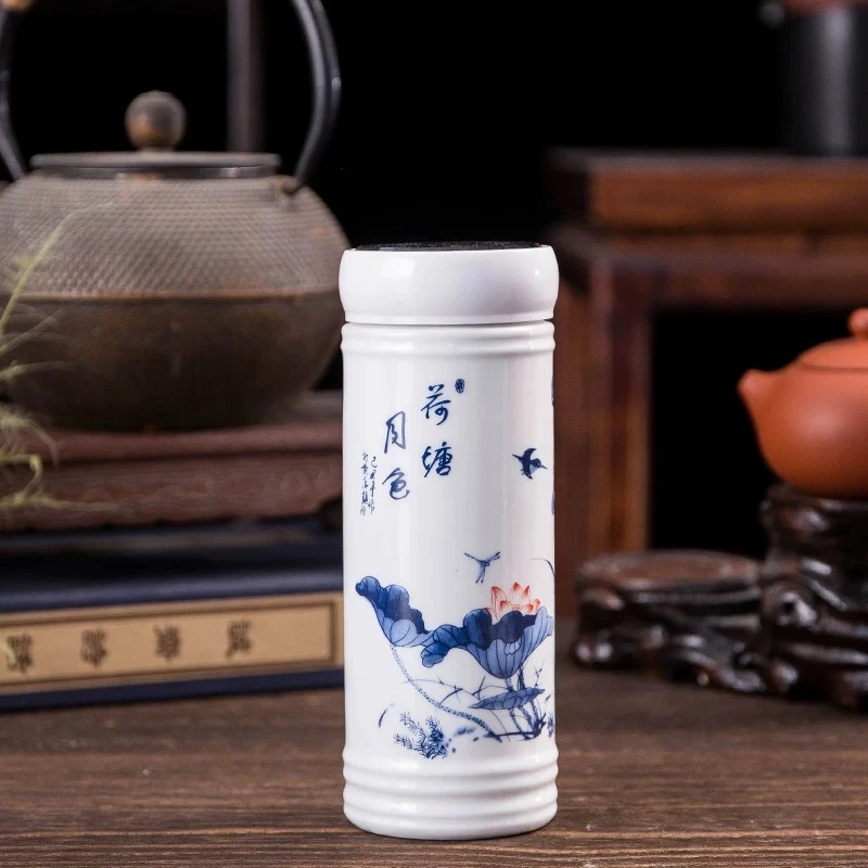 景德镇陶瓷杯子双层陶瓷内胆保温水杯青花瓷茶杯子情侣办公礼品杯