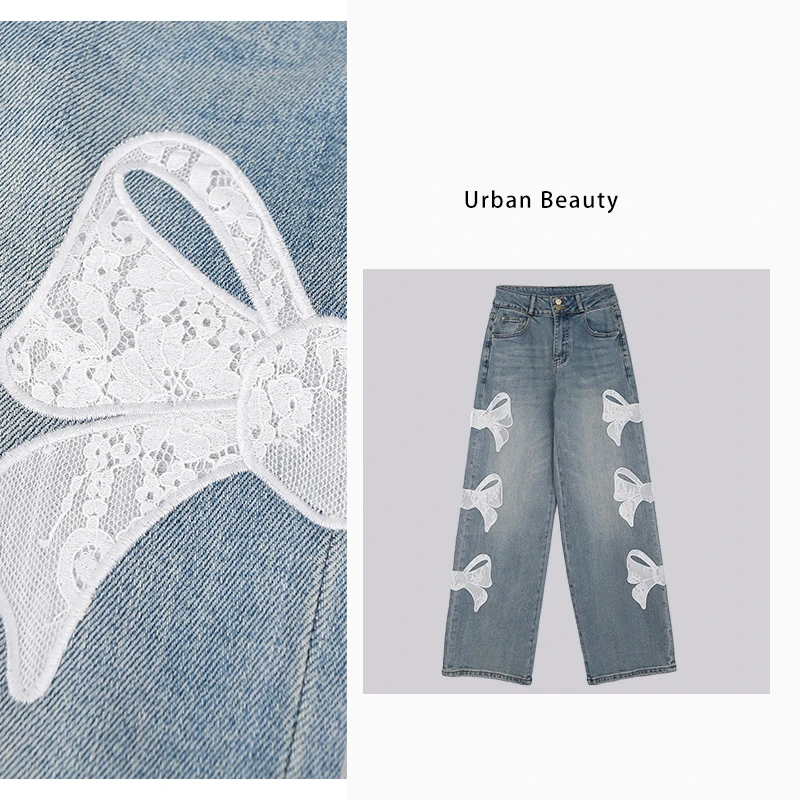 蕾丝蝴蝶结阔腿裤牛仔裤高腰休闲夏季复古潮流水洗休闲裤DF2289