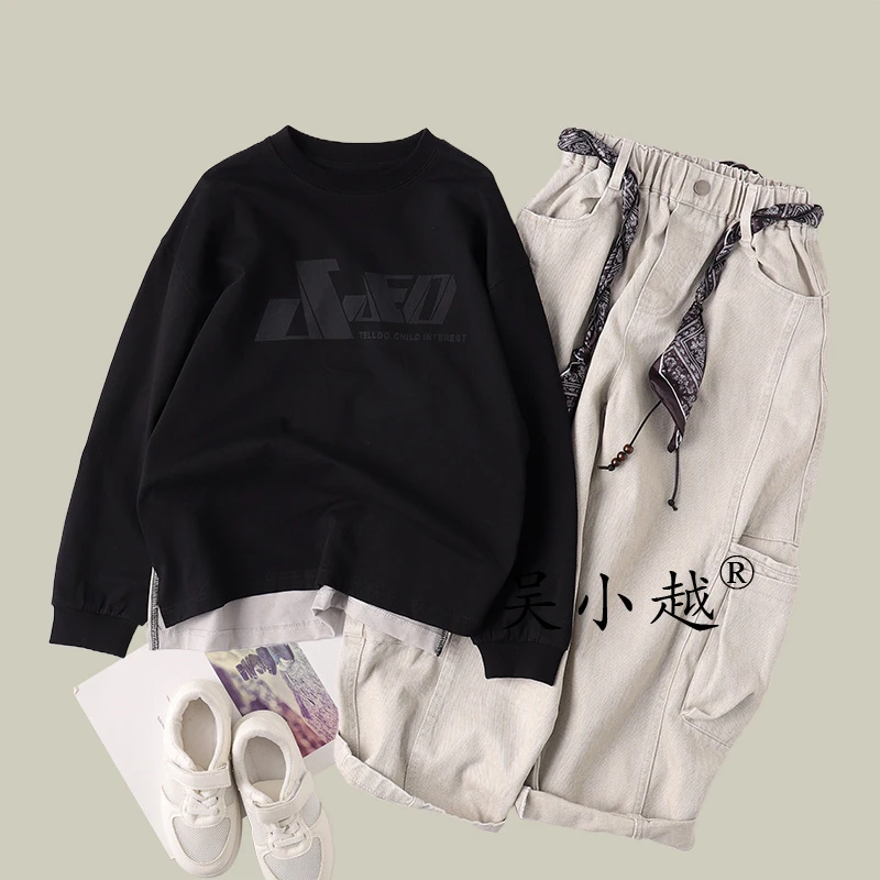 吴小越w1563男童秋款圆领长袖宽松无感数码印花棉t恤中大童