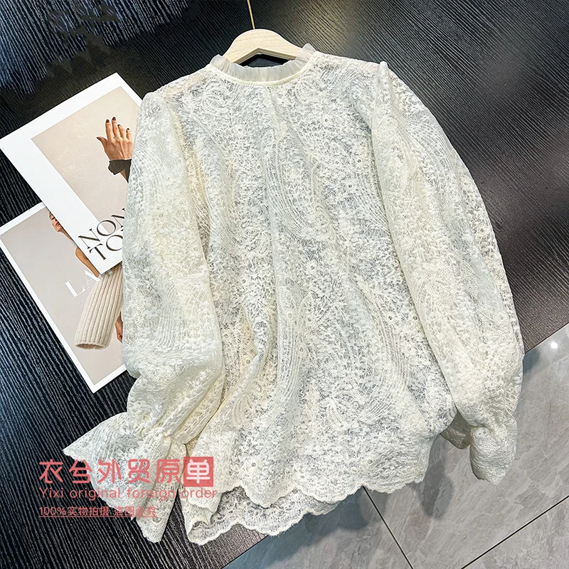 （镂空刺绣蕾丝衫）早春气质高级感木耳边喇叭袖百搭蕾丝衫H