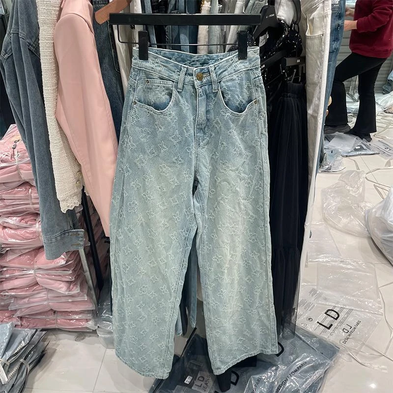 韩版复古满印菱形格提花高腰直筒裤女2025春宽松显瘦窄版牛仔长裤